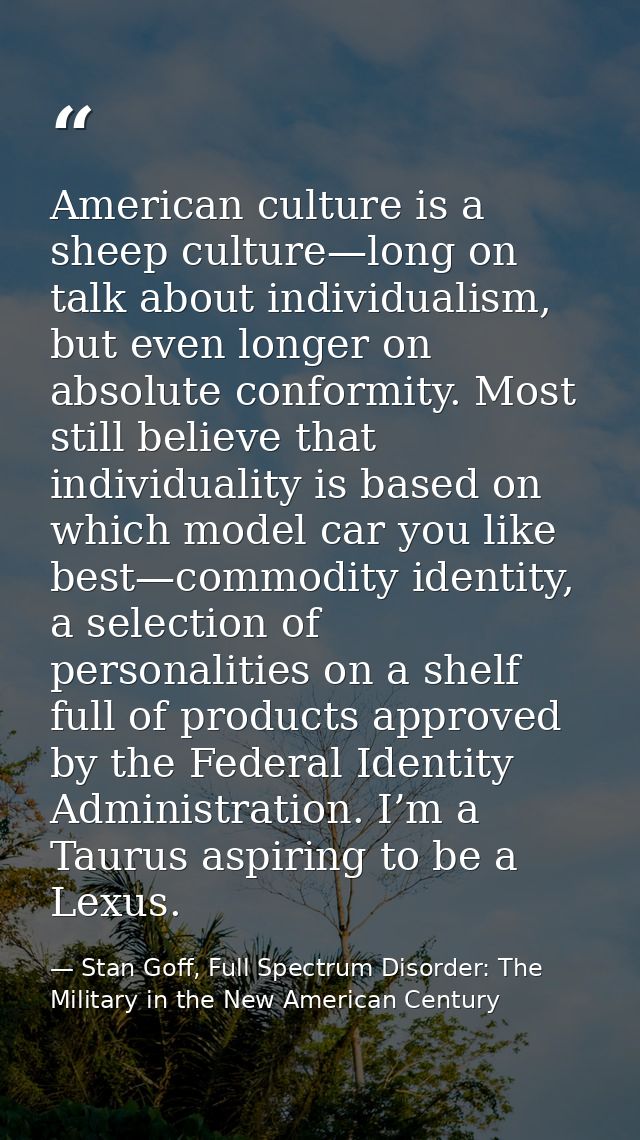 American culture is a sheep culture—long on talk about individualism, but even longer on absolute conformity. Most still — Stan Goff, Full Spectrum Disorder: The Military in the New American Century