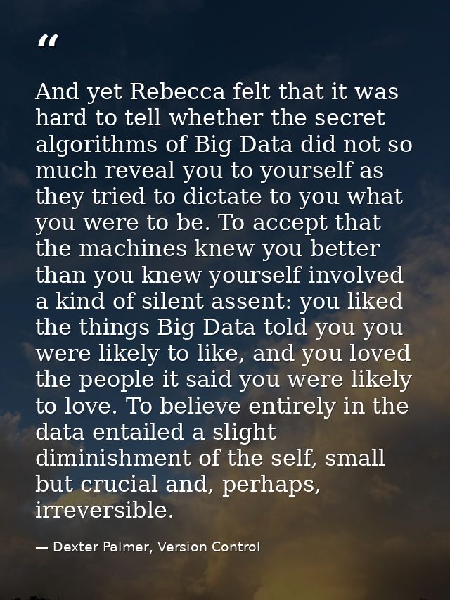 And yet Rebecca felt that it was hard to tell whether the secret algorithms of Big Data did not so much reveal you to yo — Dexter Palmer, Version Control