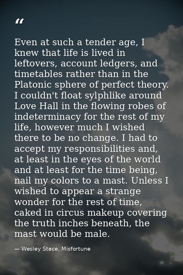 Even at such a tender age, I knew that life is lived in leftovers, account ledgers, and timetables rather than in the Pl — Wesley Stace, Misfortune