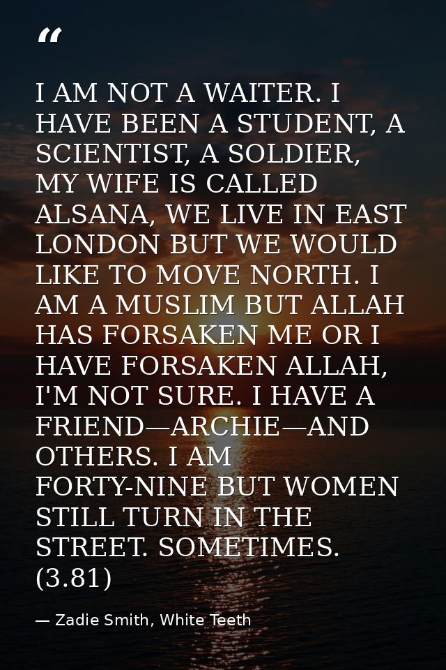 I AM NOT A WAITER. I HAVE BEEN A STUDENT, A SCIENTIST, A SOLDIER, MY WIFE IS CALLED ALSANA, WE LIVE IN EAST LONDON BUT W — Zadie Smith, White Teeth