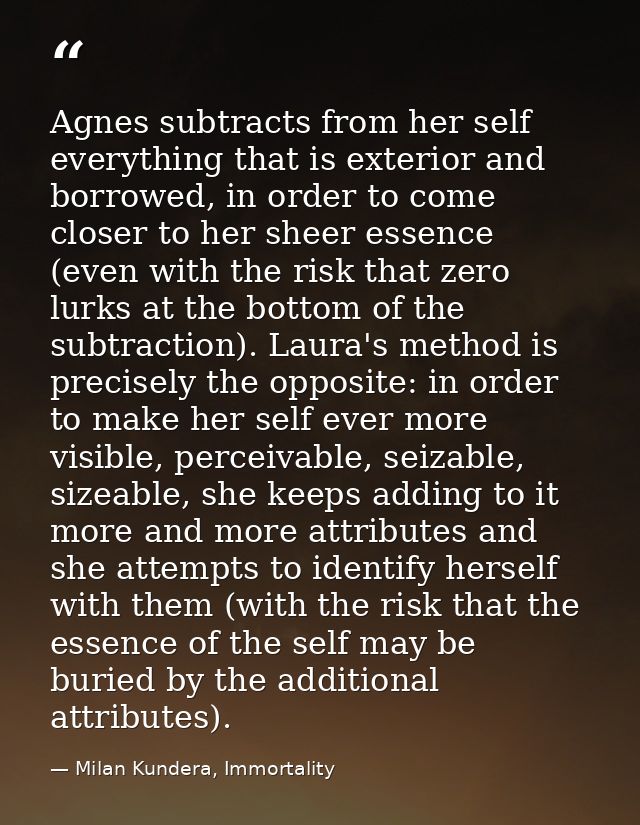 Agnes subtracts from her self everything that is exterior and borrowed, in order to come closer to her sheer essence (ev — Milan Kundera, Immortality