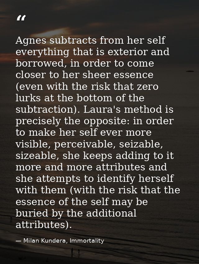 Agnes subtracts from her self everything that is exterior and borrowed, in order to come closer to her sheer essence (ev — Milan Kundera, Immortality