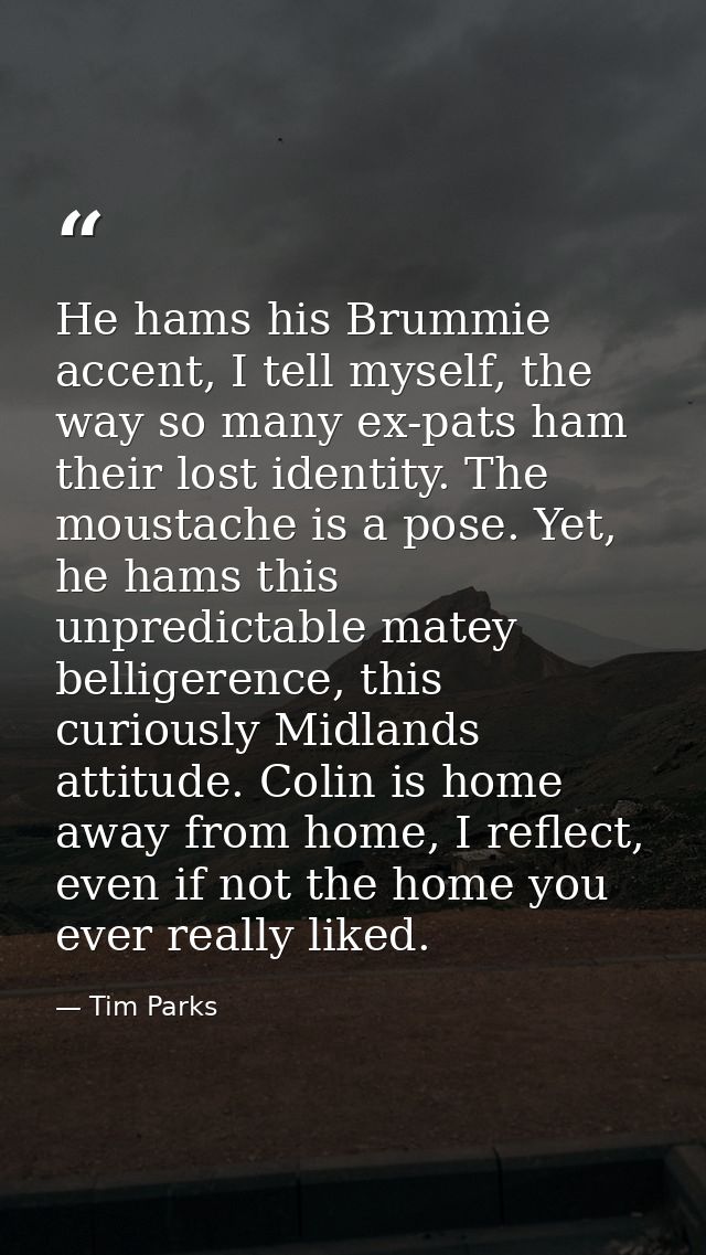 He hams his Brummie accent, I tell myself, the way so many ex-pats ham their lost identity. The moustache is a pose. Yet — Tim Parks