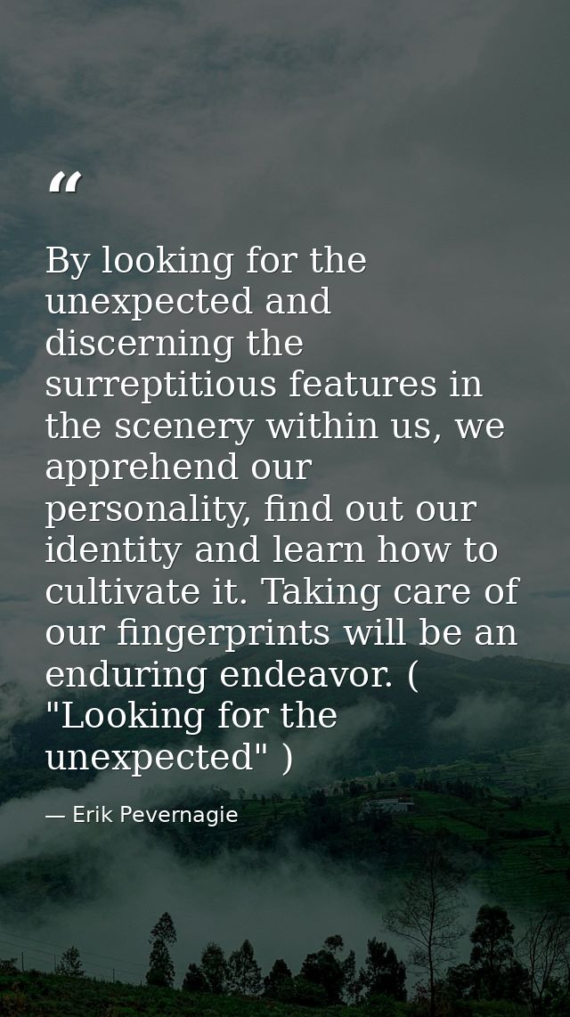 By looking for the unexpected and discerning the surreptitious features in the scenery within us, we apprehend our perso — Erik Pevernagie
