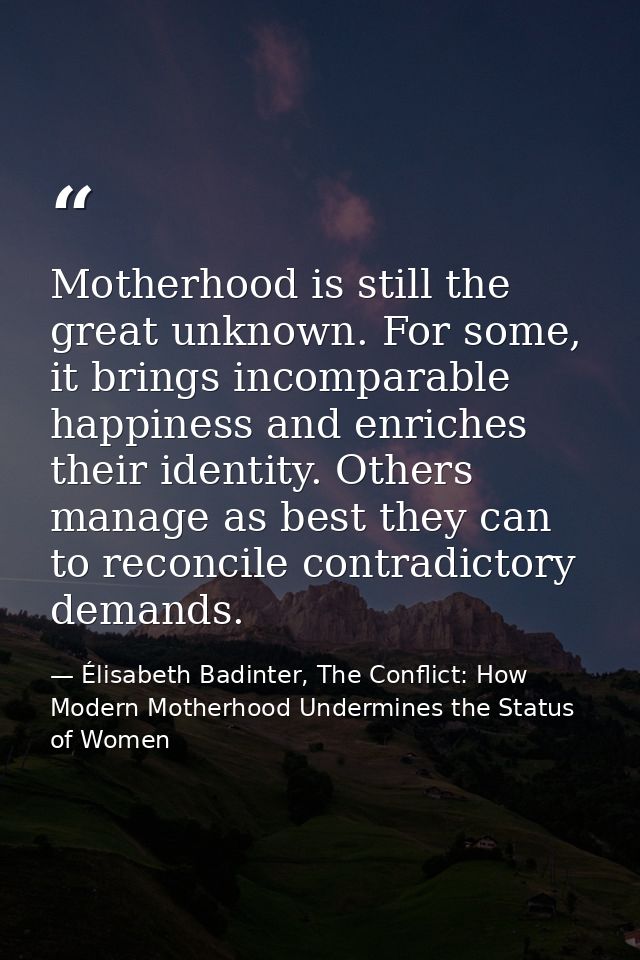 Motherhood is still the great unknown. For some, it brings incomparable happiness and enriches their identity. Others ma — Élisabeth Badinter, The Conflict: How Modern Motherhood Undermines the Status of Women