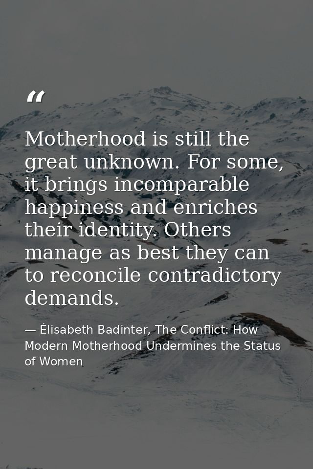 Motherhood is still the great unknown. For some, it brings incomparable happiness and enriches their identity. Others ma — Élisabeth Badinter, The Conflict: How Modern Motherhood Undermines the Status of Women