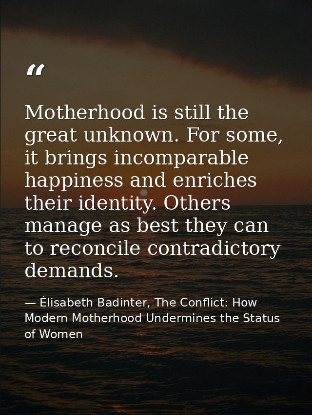 Motherhood is still the great unknown. For some, it brings incomparable happiness and enriches their identity. Others ma — Élisabeth Badinter, The Conflict: How Modern Motherhood Undermines the Status of Women