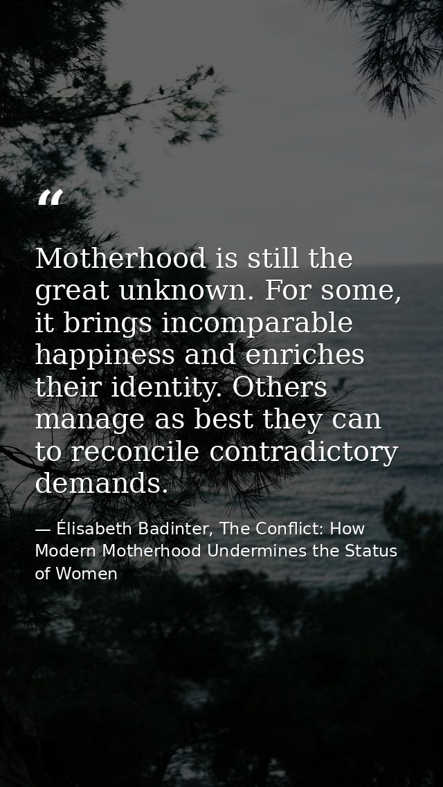 Motherhood is still the great unknown. For some, it brings incomparable happiness and enriches their identity. Others ma — Élisabeth Badinter, The Conflict: How Modern Motherhood Undermines the Status of Women