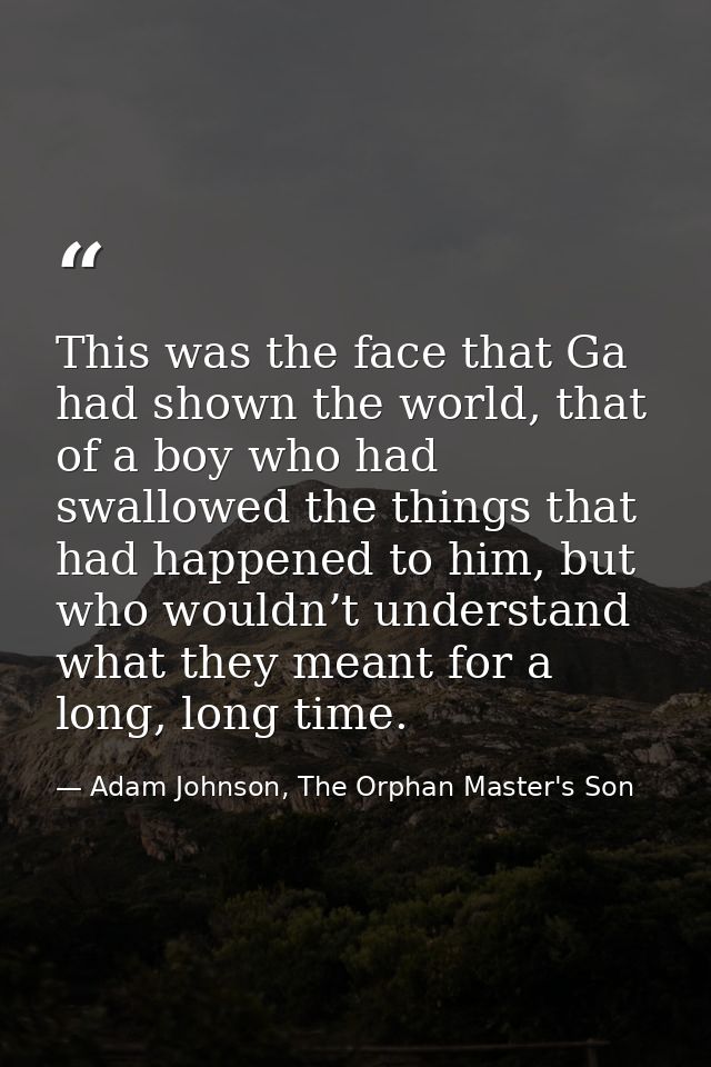 This was the face that Ga had shown the world, that of a boy who had swallowed the things that had happened to him, but  — Adam Johnson, The Orphan Master's Son