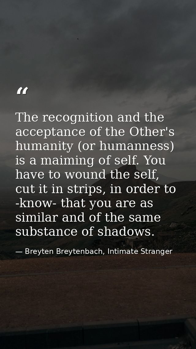 The recognition and the acceptance of the Other's humanity (or humanness) is a maiming of self. You have to wound the se — Breyten Breytenbach, Intimate Stranger