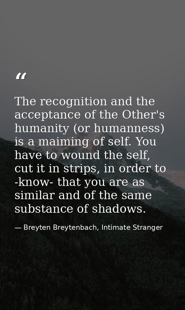 The recognition and the acceptance of the Other's humanity (or humanness) is a maiming of self. You have to wound the se — Breyten Breytenbach, Intimate Stranger