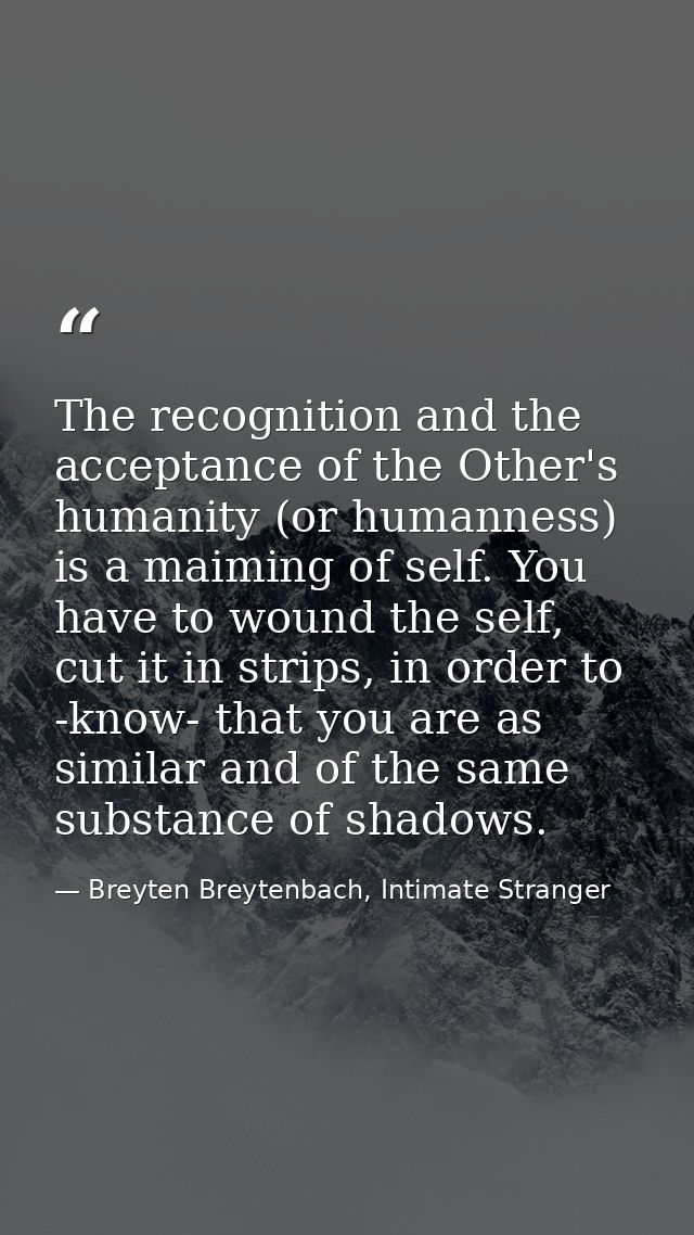 The recognition and the acceptance of the Other's humanity (or humanness) is a maiming of self. You have to wound the se — Breyten Breytenbach, Intimate Stranger