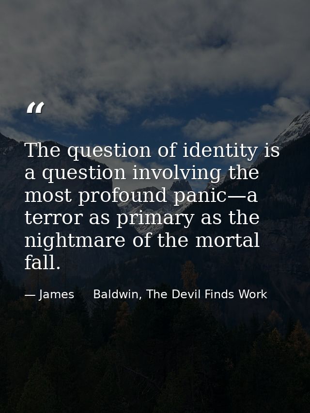 The question of identity is a question involving the most profound panic—a terror as primary as the nightmare of the mor — James     Baldwin, The Devil Finds Work