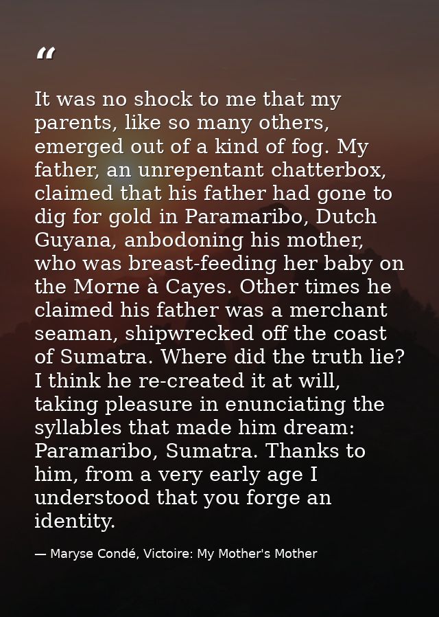 It was no shock to me that my parents, like so many others, emerged out of a kind of fog. My father, an unrepentant chat — Maryse Condé, Victoire: My Mother's Mother