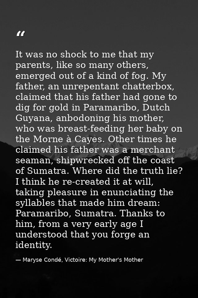 It was no shock to me that my parents, like so many others, emerged out of a kind of fog. My father, an unrepentant chat — Maryse Condé, Victoire: My Mother's Mother