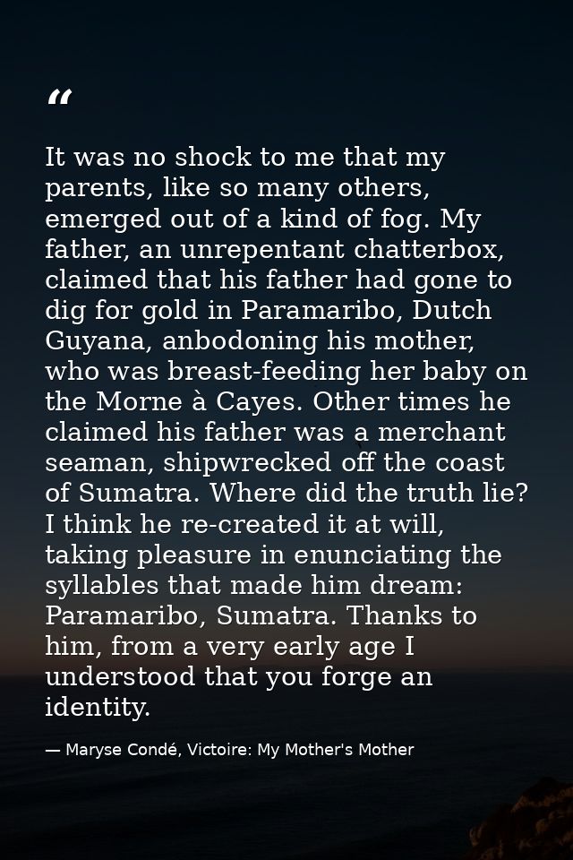 It was no shock to me that my parents, like so many others, emerged out of a kind of fog. My father, an unrepentant chat — Maryse Condé, Victoire: My Mother's Mother