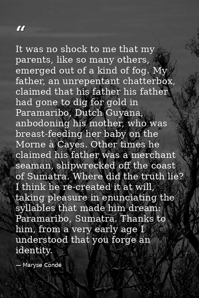 It was no shock to me that my parents, like so many others, emerged out of a kind of fog. My father, an unrepentant chat — Maryse Condé