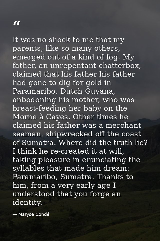 It was no shock to me that my parents, like so many others, emerged out of a kind of fog. My father, an unrepentant chat — Maryse Condé