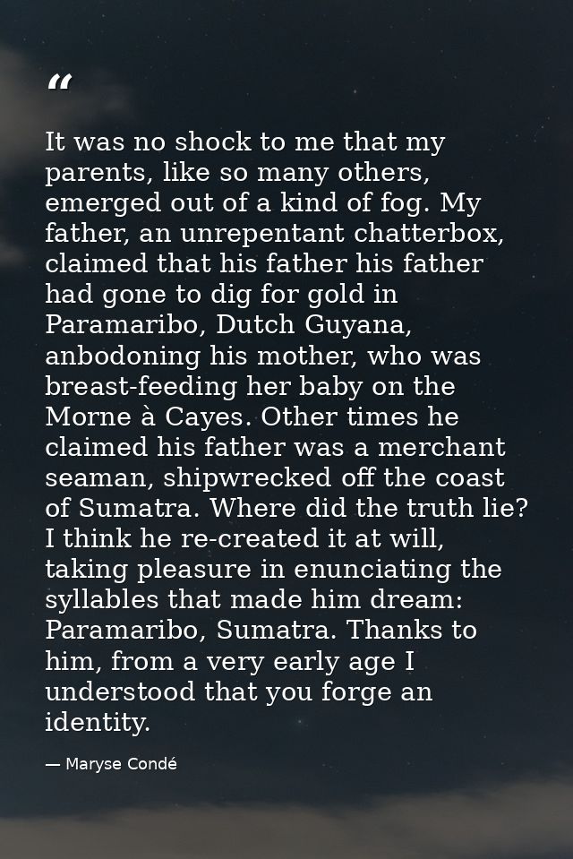 It was no shock to me that my parents, like so many others, emerged out of a kind of fog. My father, an unrepentant chat — Maryse Condé