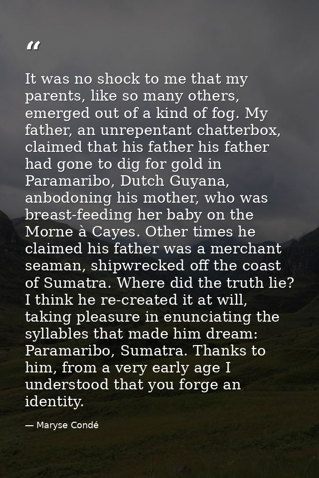 It was no shock to me that my parents, like so many others, emerged out of a kind of fog. My father, an unrepentant chat — Maryse Condé
