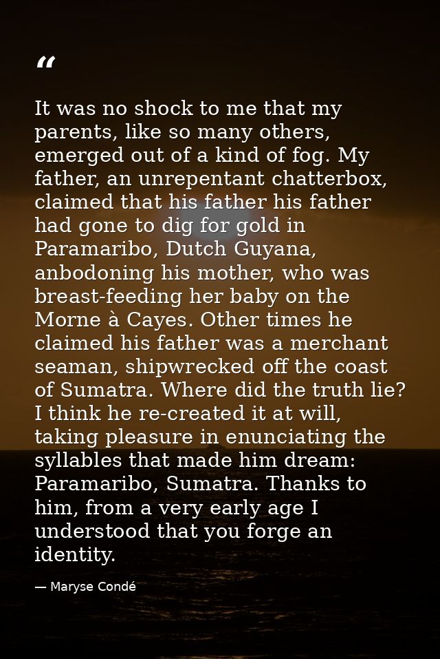 It was no shock to me that my parents, like so many others, emerged out of a kind of fog. My father, an unrepentant chat — Maryse Condé
