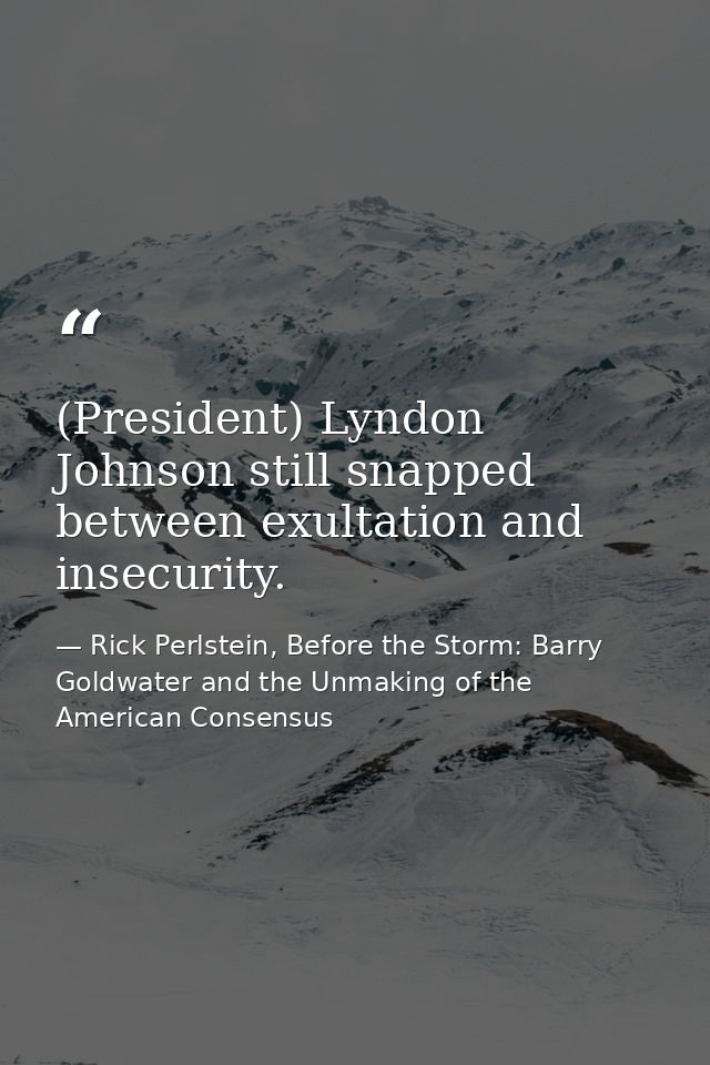 (President) Lyndon Johnson still snapped between exultation and insecurity. — Rick Perlstein, Before the Storm: Barry Goldwater and the Unmaking of the American Consensus