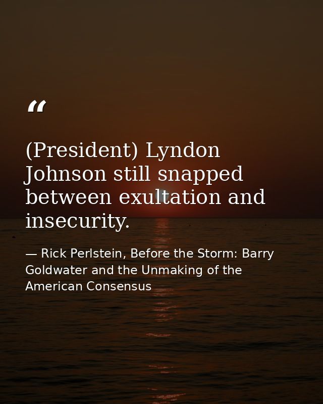 (President) Lyndon Johnson still snapped between exultation and insecurity. — Rick Perlstein, Before the Storm: Barry Goldwater and the Unmaking of the American Consensus