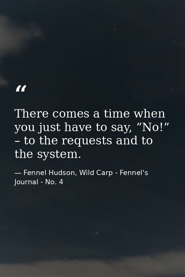 There comes a time when you just have to say, “No!” – to the requests and to the system. — Fennel Hudson, Wild Carp - Fennel's Journal - No. 4