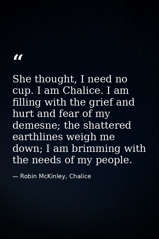 She thought, I need no cup. I am Chalice. I am filling with the grief and hurt and fear of my demesne; the shattered ear — Robin McKinley, Chalice