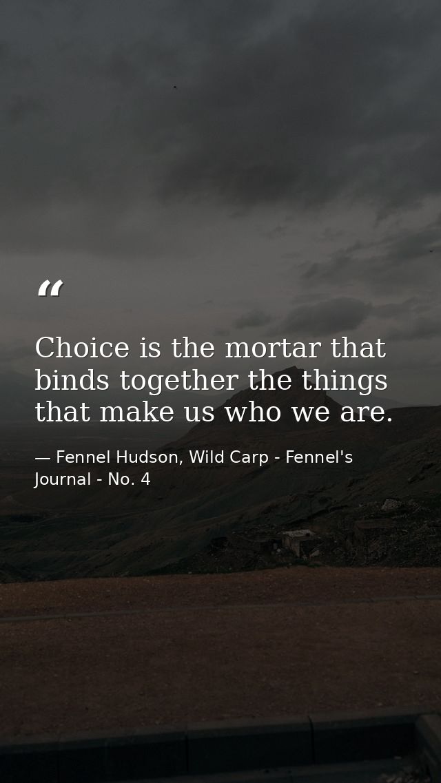 Choice is the mortar that binds together the things that make us who we are. — Fennel Hudson, Wild Carp - Fennel's Journal - No. 4