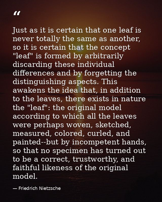 Just as it is certain that one leaf is never totally the same as another, so it is certain that the concept "leaf" is fo — Friedrich Nietzsche