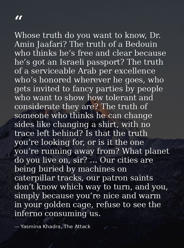 Whose truth do you want to know, Dr. Amin Jaafari? The truth of a Bedouin who thinks he’s free and clear because he’s go — Yasmina Khadra, The Attack