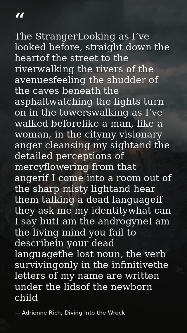 The StrangerLooking as I’ve looked before, straight down the heartof the street to the riverwalking the rivers of the av — Adrienne Rich, Diving Into the Wreck