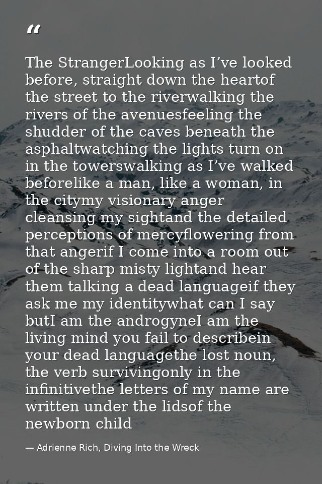 The StrangerLooking as I’ve looked before, straight down the heartof the street to the riverwalking the rivers of the av — Adrienne Rich, Diving Into the Wreck