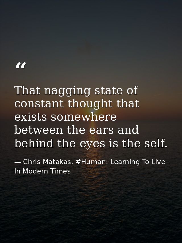 That nagging state of constant thought that exists somewhere between the ears and behind the eyes is the self. — Chris Matakas, #Human: Learning To Live In Modern Times