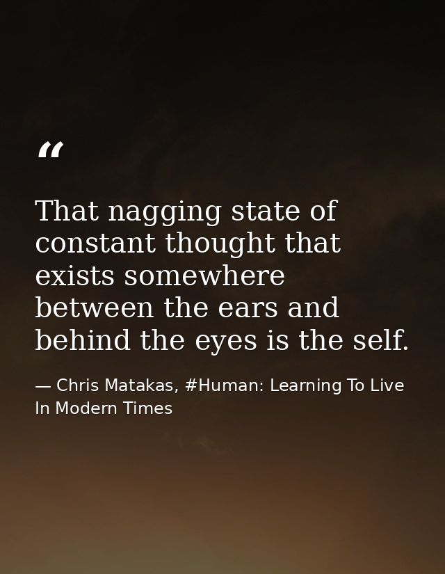 That nagging state of constant thought that exists somewhere between the ears and behind the eyes is the self. — Chris Matakas, #Human: Learning To Live In Modern Times