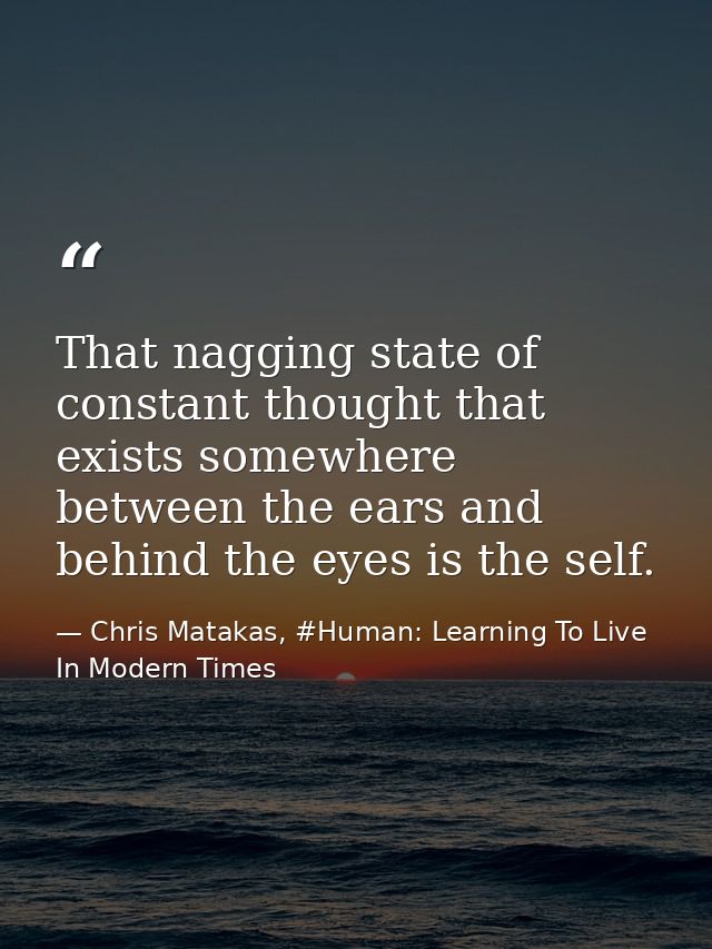 That nagging state of constant thought that exists somewhere between the ears and behind the eyes is the self. — Chris Matakas, #Human: Learning To Live In Modern Times