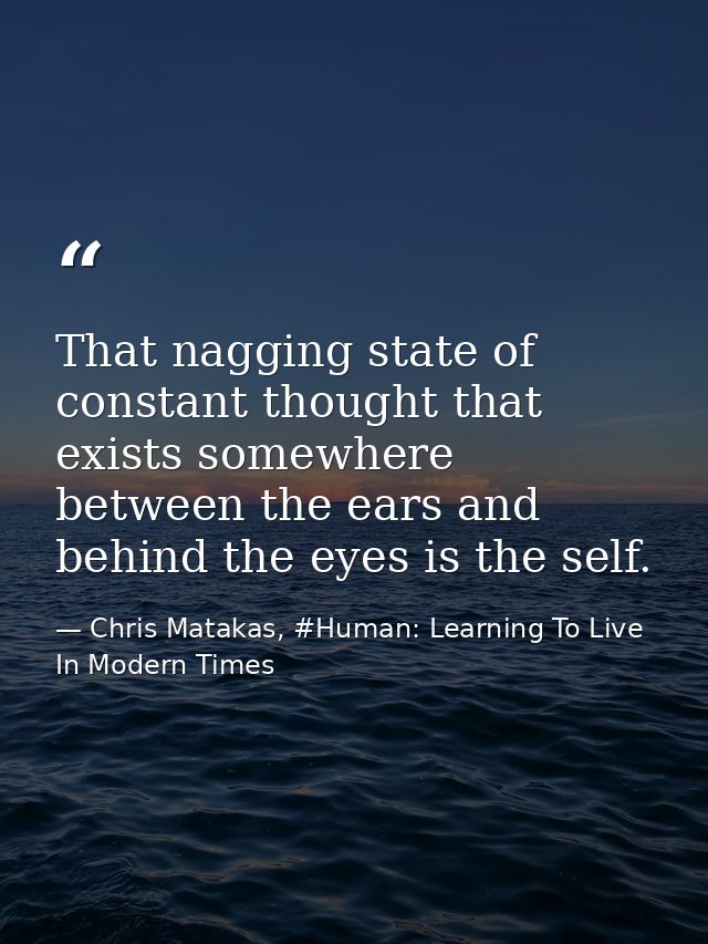 That nagging state of constant thought that exists somewhere between the ears and behind the eyes is the self. — Chris Matakas, #Human: Learning To Live In Modern Times