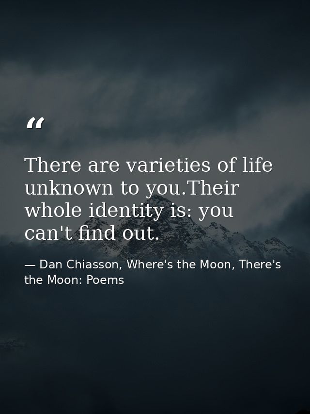 There are varieties of life unknown to you.Their whole identity is: you can't find out. — Dan Chiasson, Where's the Moon, There's the Moon: Poems