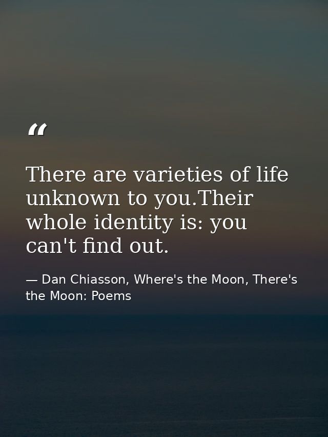 There are varieties of life unknown to you.Their whole identity is: you can't find out. — Dan Chiasson, Where's the Moon, There's the Moon: Poems