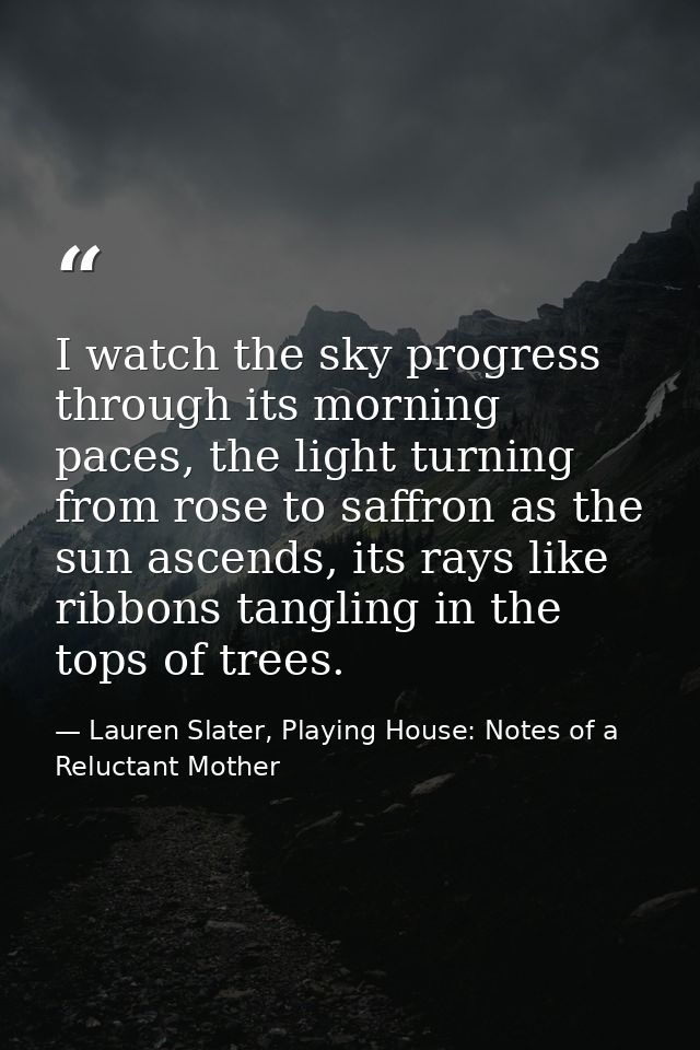 I watch the sky progress through its morning paces, the light turning from rose to saffron as the sun ascends, its rays  — Lauren Slater, Playing House: Notes of a Reluctant Mother