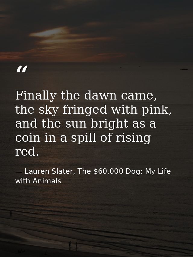 Finally the dawn came, the sky fringed with pink, and the sun bright as a coin in a spill of rising red. — Lauren Slater, The $60,000 Dog: My Life with Animals