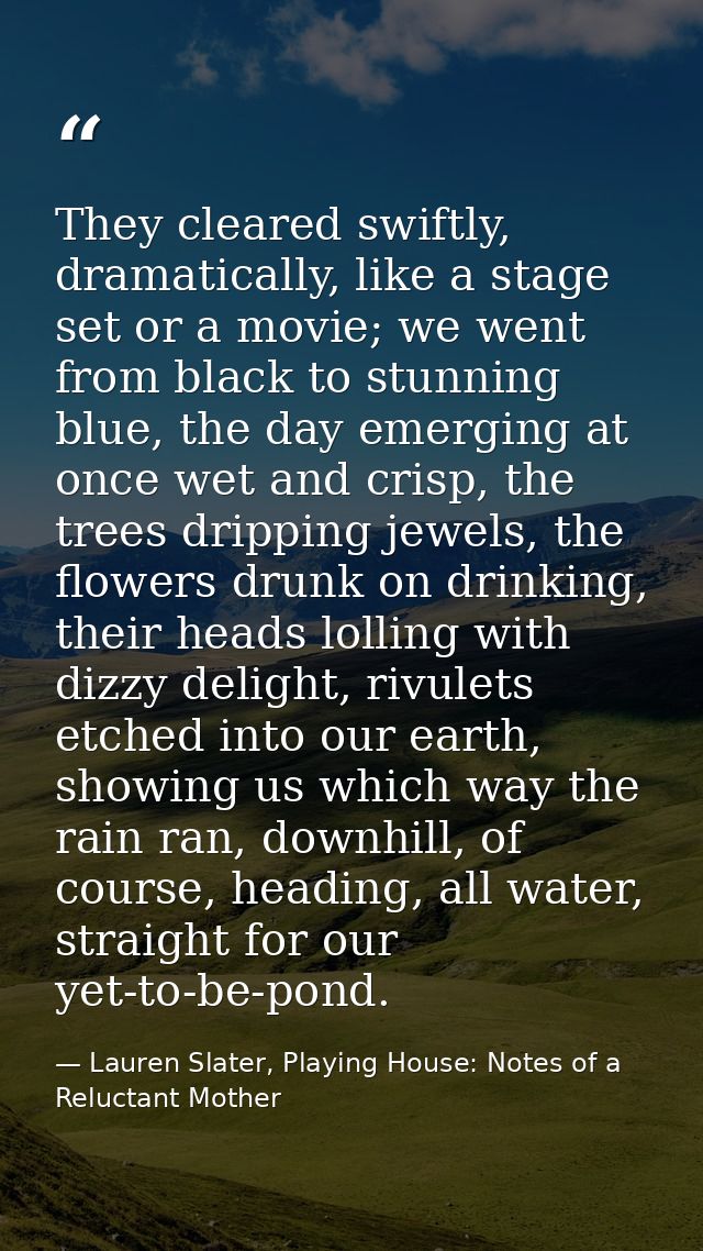 They cleared swiftly, dramatically, like a stage set or a movie; we went from black to stunning blue, the day emerging a — Lauren Slater, Playing House: Notes of a Reluctant Mother