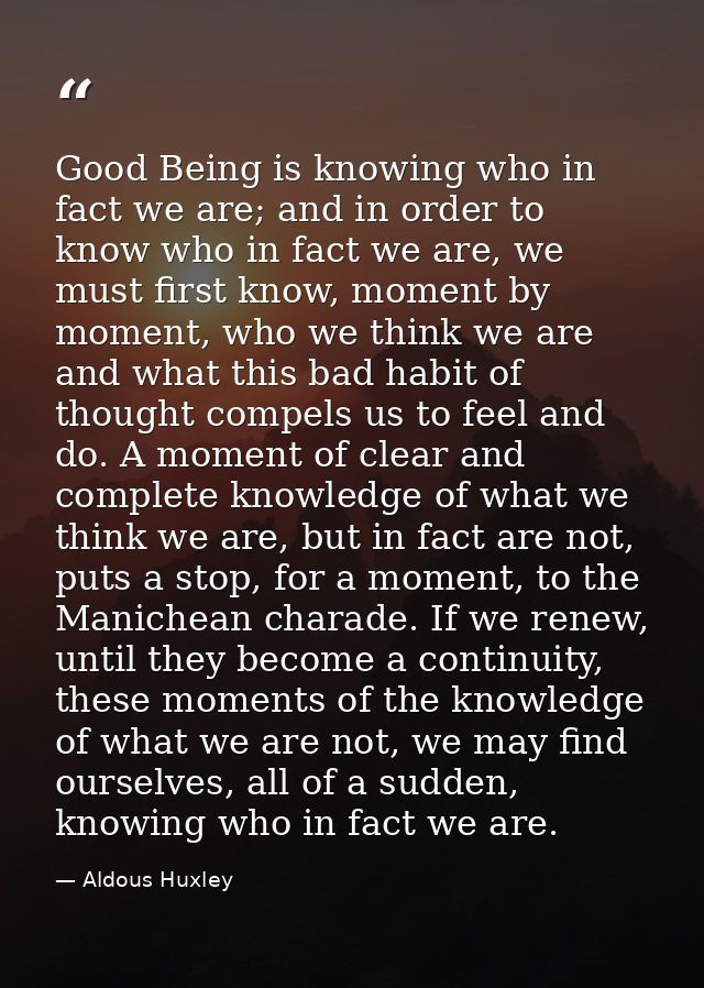Good Being is knowing who in fact we are; and in order to know who in fact we are, we must first know, moment by moment, — Aldous Huxley