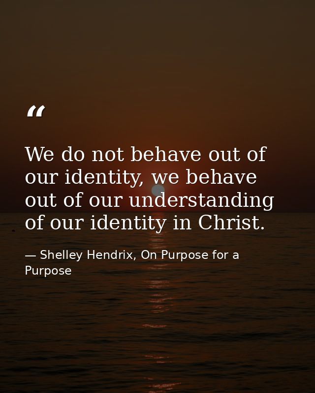 We do not behave out of our identity, we behave out of our understanding of our identity in Christ. — Shelley Hendrix, On Purpose for a Purpose