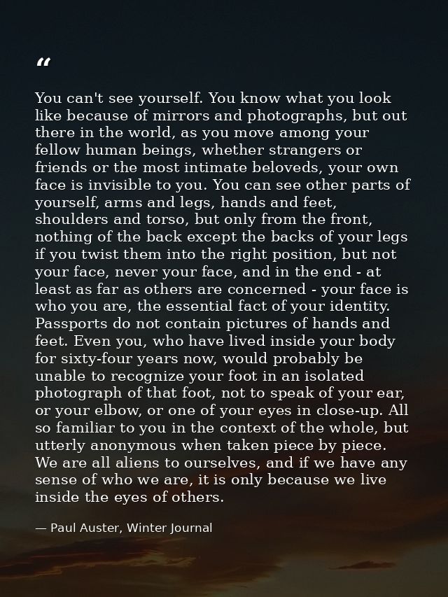 You can't see yourself. You know what you look like because of mirrors and photographs, but out there in the world, as y — Paul Auster, Winter Journal