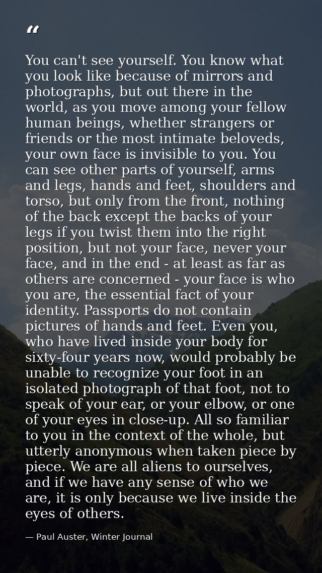 You can't see yourself. You know what you look like because of mirrors and photographs, but out there in the world, as y — Paul Auster, Winter Journal