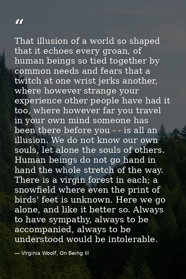 That illusion of a world so shaped that it echoes every groan, of human beings so tied together by common needs and fear — Virginia Woolf, On Being Ill
