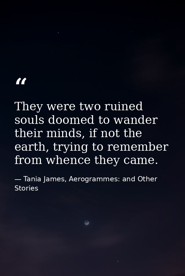 They were two ruined souls doomed to wander their minds, if not the earth, trying to remember from whence they came. — Tania James, Aerogrammes: and Other Stories
