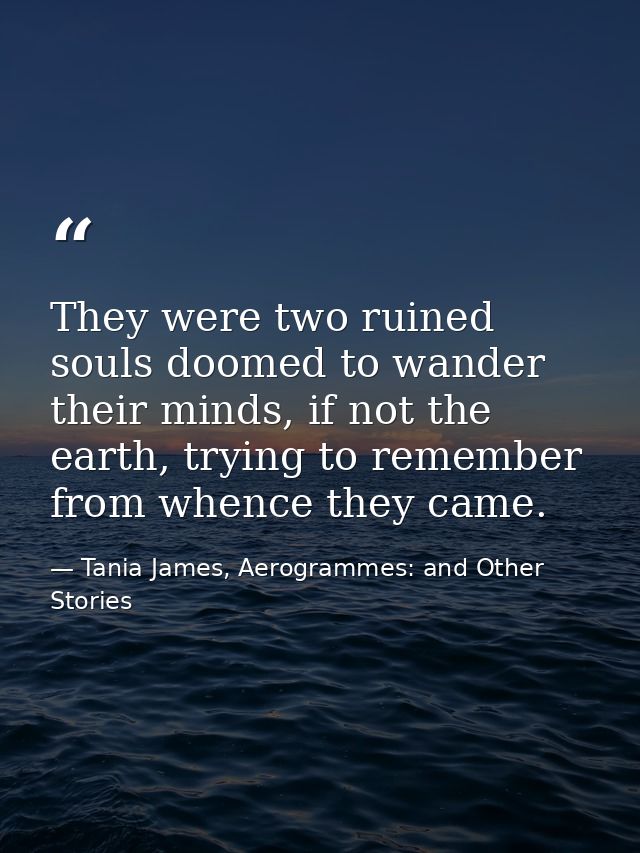 They were two ruined souls doomed to wander their minds, if not the earth, trying to remember from whence they came. — Tania James, Aerogrammes: and Other Stories